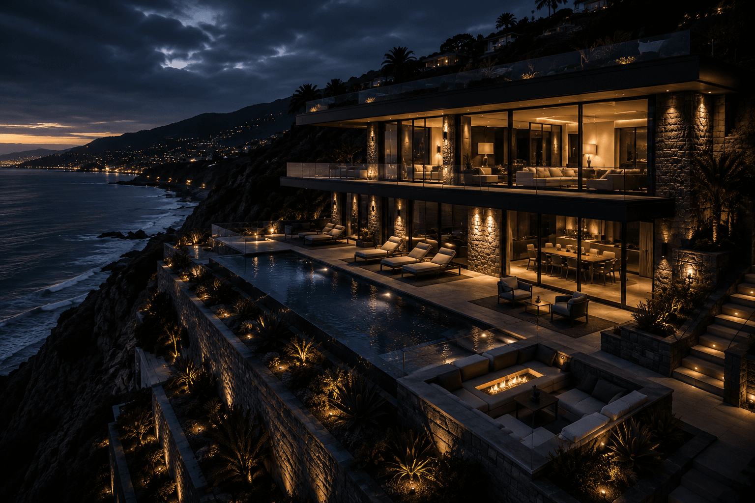 Ultra-luxury cliffside estate with infinity pool and ocean view at blue hour