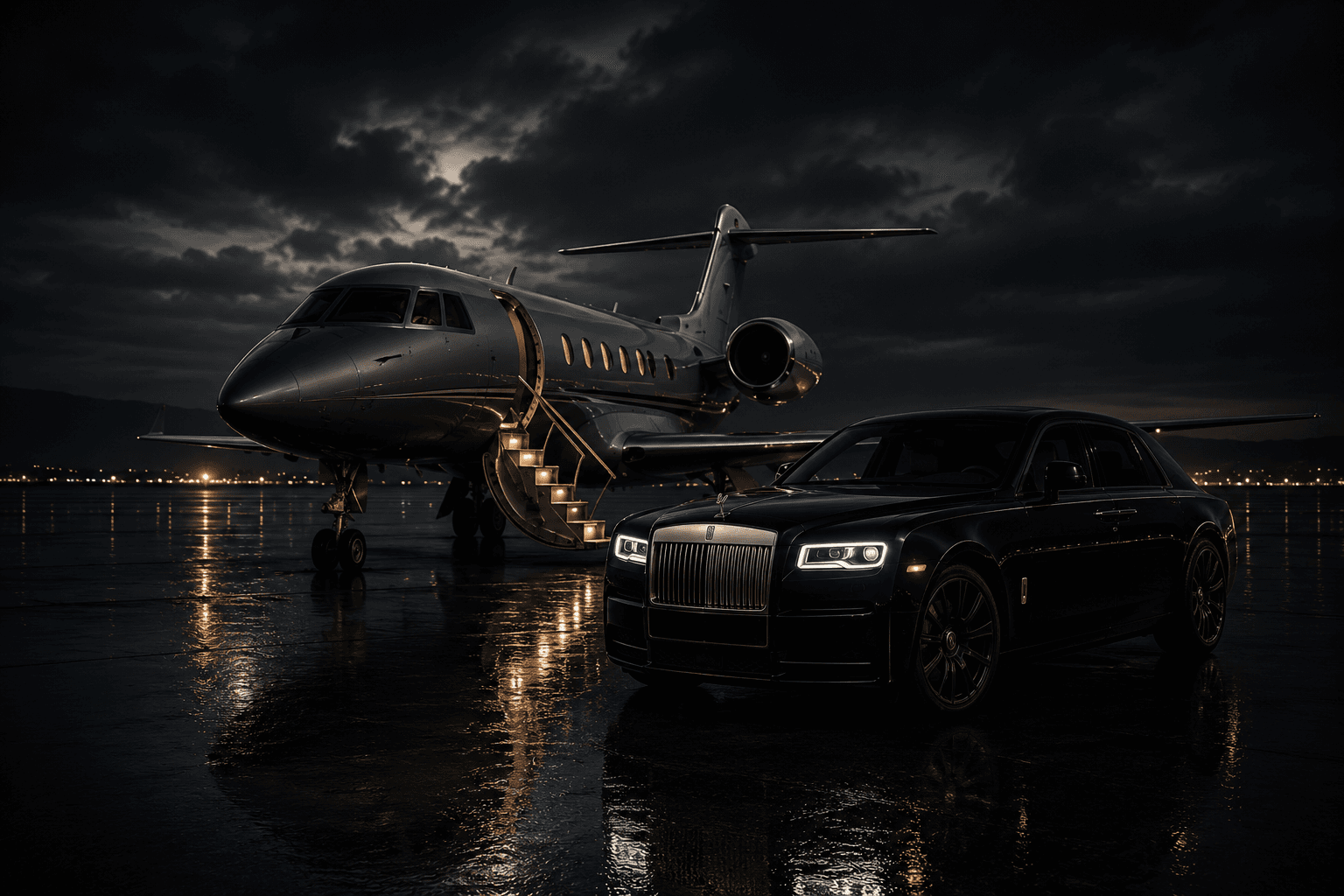 Dark private jet and black luxury sedan on wet reflective tarmac at night