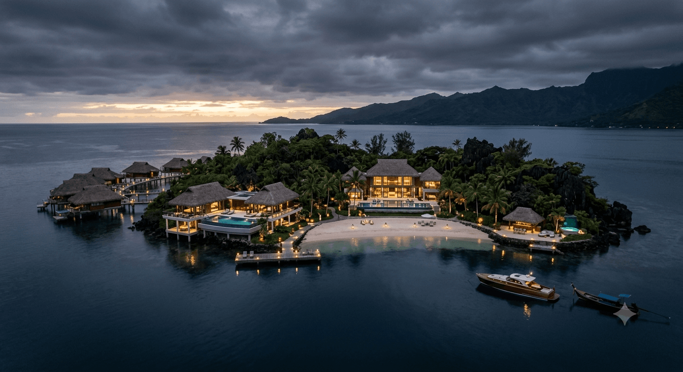 Private island villa illuminated at twilight