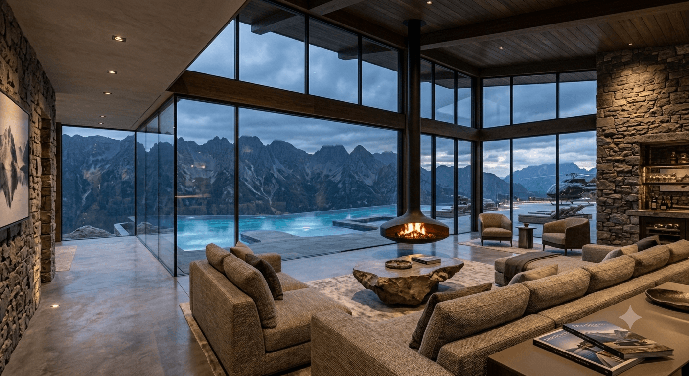Mountain villa interior with fireplace and panoramic alpine view